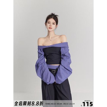 不冷BULENG（原cchun純子） 一字肩格紋拼接泡泡袖襯衫女設計感