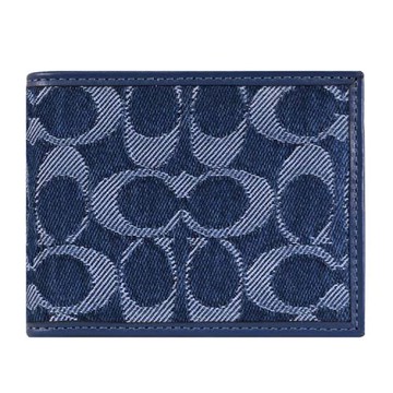 COACH CAS32 滿版丹寧緹花布LOGO對開六卡短夾.深藍