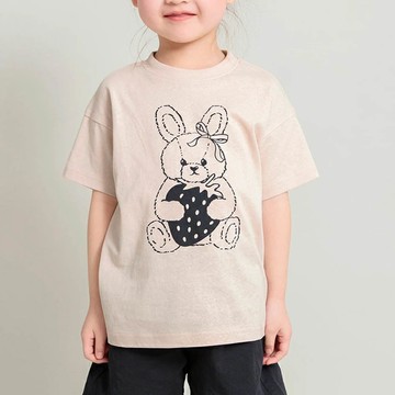日本 BRANSHES - 純棉可愛女孩短袖上衣-草莓兔兔-淺粉