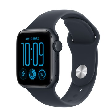 Apple Watch SE 3 (GPS + 行動網路)；40 公釐午夜色鋁金屬錶殼；海軍藍色運動型錶帶 - M/L