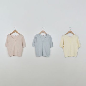 【CUMAR】氣質洞洞編織假二件開衫短袖針織上衣 粉 杏 灰 (魅力商品)