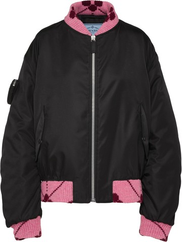 Prada - Re-Nylon jacquard-trim bomber jacket - women - Recycled Polyamide/Virgin Wool/Recycled Polyamide/Polyester/Recycled Polyester - L - Black