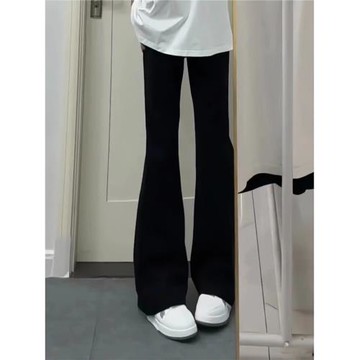 黑色微喇彎刀西褲垂墜感高級感加絨褲子女款秋冬修身直筒拖地長褲