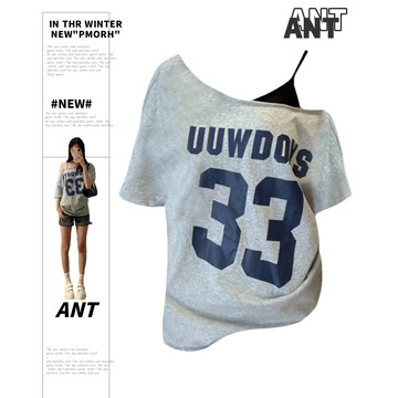 【ANT】美式復古辣妹斜肩寬鬆短袖~ 短袖女 灰色上衣 oversize T恤 美式短袖 辣妹上衣 y2k 上衣 甜辣風