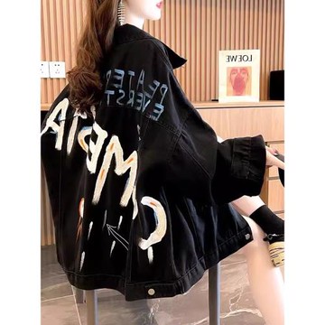黑色牛仔外套女春秋裝歐貨POLO領中長款通勤休閑百搭長袖夾克上衣