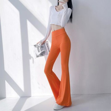 春秋純色喇叭褲女高腰顯瘦高彈包臀修身裸感健身瑜伽運動加長薄款