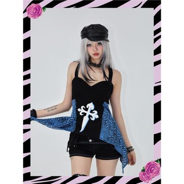 BornThisWay生來閃耀 藍色豹紋拼接抹胸背心 澀谷街頭y2k辣妹暗黑