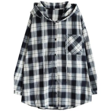 2025年秋季新款連帽格子短外套襯衫女寬松大碼中長款翻領顯瘦襯衣