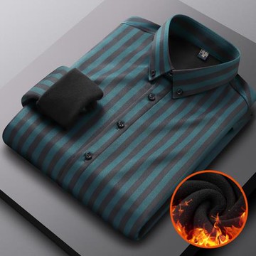 冬裝彈力免燙黑白豎條紋保暖襯衫男長袖商務休閑加絨加厚打底襯衣