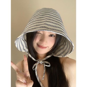 條紋大帽檐環繞式漁夫帽子女夏季防紫外線時尚遮陽百搭薄款防曬帽