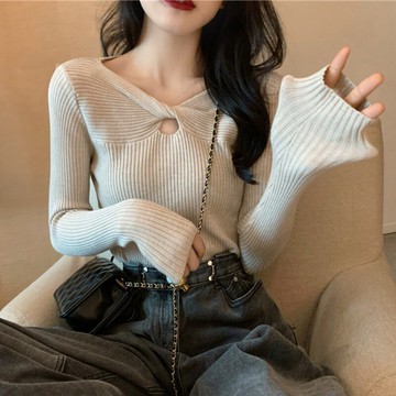 秋冬季v領修身顯瘦女士長袖針織加厚打底衫內搭洋氣設計感小上衣