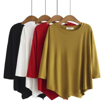 麗莎熊 LisaBear莫代爾彈力圓領七分不規則下擺純色百搭上衣 XL~4XL 四色可選