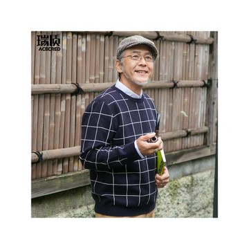 秋冬男裝爸爸冬裝中老年人爺爺毛衣男毛衫中年加厚冬裝格子針織衫