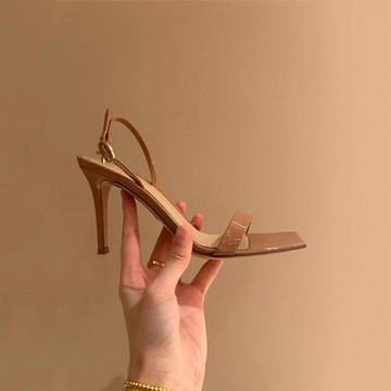2025夏季新款方頭性感露趾后絆帶高跟鞋女真皮百搭一字細跟涼鞋韓
