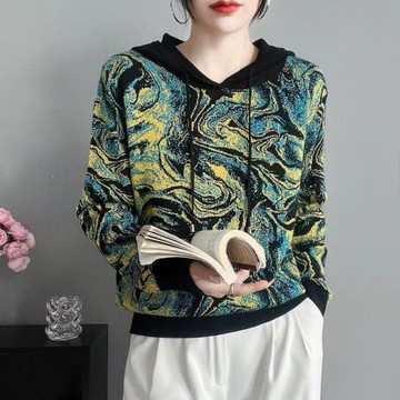油畫風彩色涂鴉抽繩連帽打底針織衫春秋上衣個性抽象花色衛衣帽衫