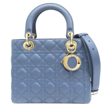 【二手名牌BRAND OFF】Dior 迪奧 藍色 籐格紋 羊皮 Lady Dior 两用包