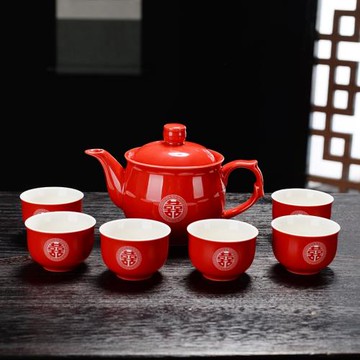 結婚紅色敬茶杯紅雙喜紅色茶壺茶碗托盤婚茶具慶節日喜慶隨手禮品
