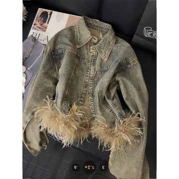 美式復古牛仔外套女短款羽毛拼接設計感2025春季甜辣港風顯瘦上衣