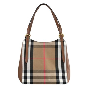 BURBERRY 8073786 CANTERBY 品牌格紋棉麻肩背包.咖邊