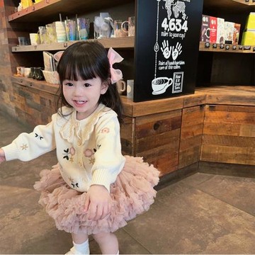 女童春裝套裝繡花針織開衫tutu裙兩件套女寶寶春季洋氣公主蓬蓬裙