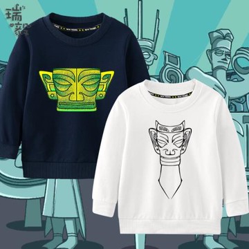 三星堆中國風考古青銅面具縱目人國潮圓領衛衣男女兒童裝學生長袖