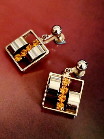 vintage jewelry 現代風格方形萊茵吊墜 夾式耳環