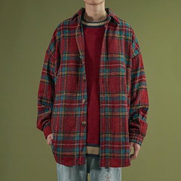 磨毛法蘭絨格子襯衣老爹復古文藝港味襯衫男女加厚秋冬oversize