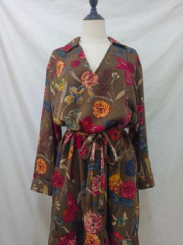 Designer collection 手繪感花卉下襬抽縐剪接長袖洋裝