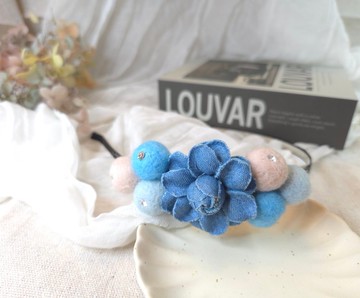 牛仔布花藍莓羊毛氈兒童髮箍 共2色