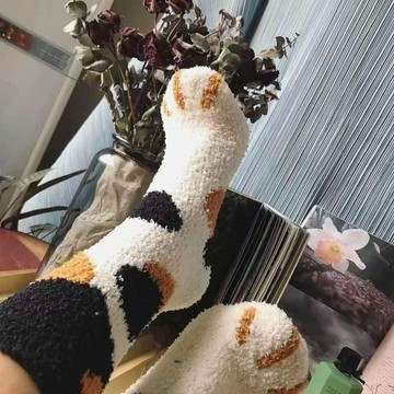 🔥桃園有貨🔥冬季毛茸茸加厚加絨居家睡眠地板長襪珊瑚絨襪子女士中筒可愛貓爪 中筒襪 居家睡眠襪 保暖襪