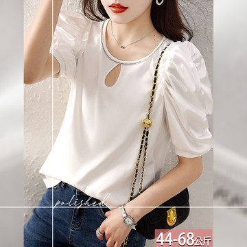 純色鑲鑽鍊條挖空直角肩泡泡袖上衣 M-2XL【451233X】【現+預】-流行前線-