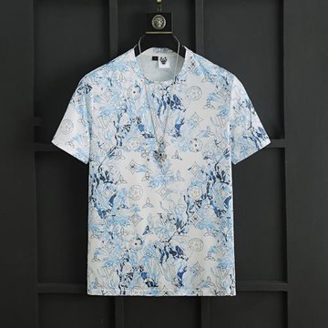 絲滑無痕冰絲夏季大滿花T恤男短袖圓領潮流大碼薄款印花半袖衣服