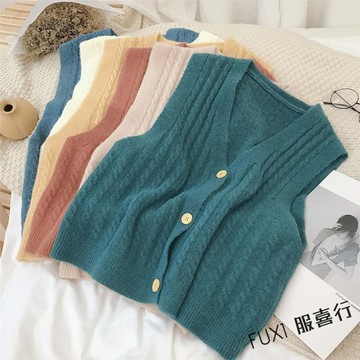 FUXI 韓版針織背心 毛線背心 針織馬甲女 無袖上衣 薄款毛衣背心 女生素色V領單排扣針織開衫馬甲 復古外搭衣服