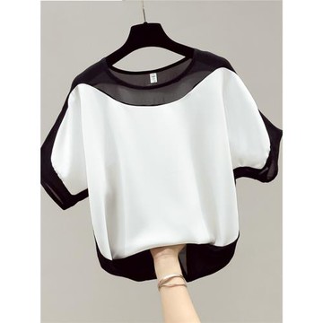 時尚拼接網紗洋氣小衫女2025年夏季新款氣質輕熟遮肚雪紡短袖上衣