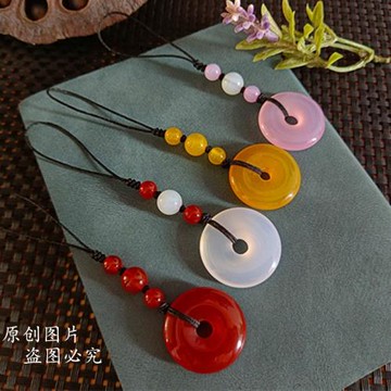 天然玉髓平安扣手機鏈粉色瑪瑙黃色玉扣包包配飾本命年紅色手機鏈