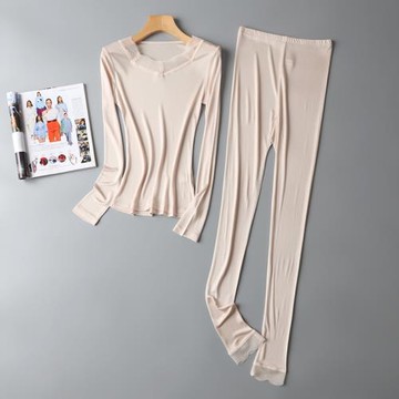 秋冬新款桑蠶絲秋衣秋褲女套裝 薄款蕾絲V領打底內衣真絲保暖睡衣