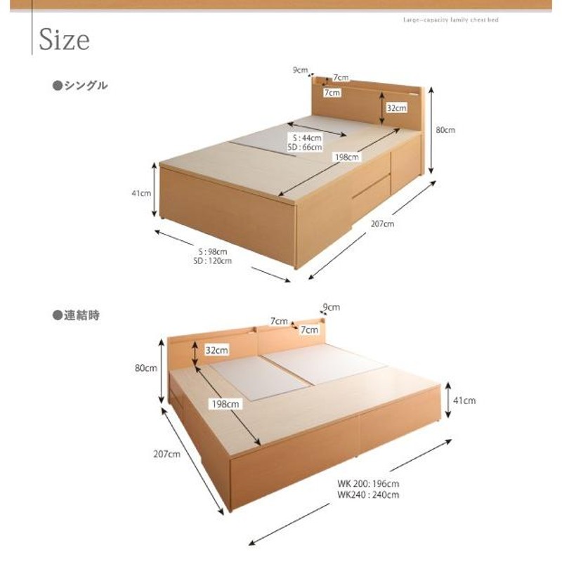 収納付きベッド ワイドK200:B+Cタイプ 連結ベッド フレームのみ 白