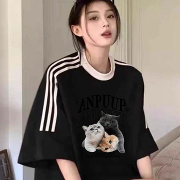 【董小姐】 显瘦上衣寬鬆 夏季原宿风 t恤純棉上衣 美式復古上衣美式印花短袖 oversize寬鬆上衣  元氣少女短袖