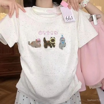 ⭐美式短袖⭐【店鋪熱銷】純棉趣味卡通繡花短袖T恤女夏季新款正肩短款上衣收腰顯瘦修身潮