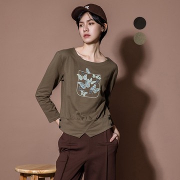 【MEDUSA】蝴蝶印花船領造型T恤-2色(M-XL) | 女休閒上衣 長袖T恤