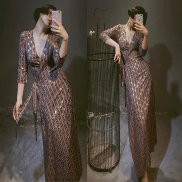 胖妹妹大碼女裝夏季收腰顯瘦優雅V領性感長裙一片式連衣裙沙灘裙