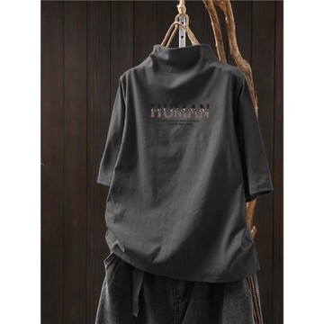 夏季百搭半高領五分袖女裝休閑時尚洋氣寬松韓版上衣純棉氣質T恤