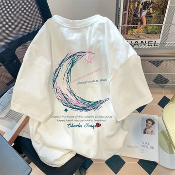 月亮代表我的心！純棉t恤 t恤女 短袖上衣 韓版上衣 oversize 質感衣服 潮牌t恤 顯瘦上衣 個性上衣 休閒上衣