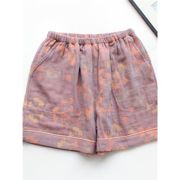 夏季短褲復古提花純棉睡褲雙層色織紗休閑寬松女士柔軟沙灘家居褲