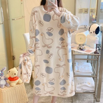Xuan♥睡裙女秋冬季長袖珊瑚絨可愛卡通法蘭絨連體睡衣寬鬆大碼長款孕㛿 HB1R