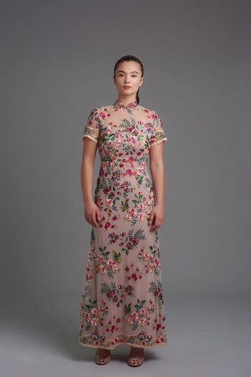 蓮花短袖絲質旗袍長禮服 |晚裝新娘禮服|香港設計|古典|氣質|中西