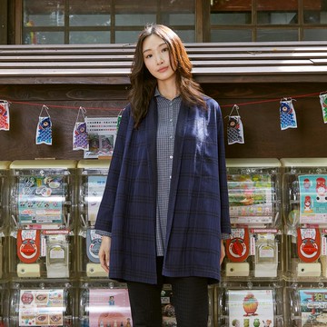 混毛雙面自然垂領格紋口袋外套