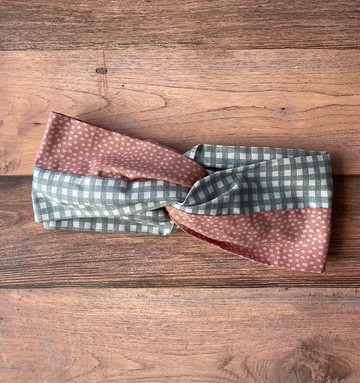 交叉髮帶-灰格紋x粉點點