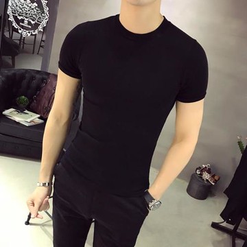 歐洲站 2024新款個性夏季休閑潮流百搭純色圓領修身純棉短袖T恤男