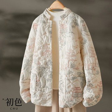 初色 立領中式刺繡單排扣輕科技保暖纖維長袖外套女外套-白色-38672(M-2XL可選)